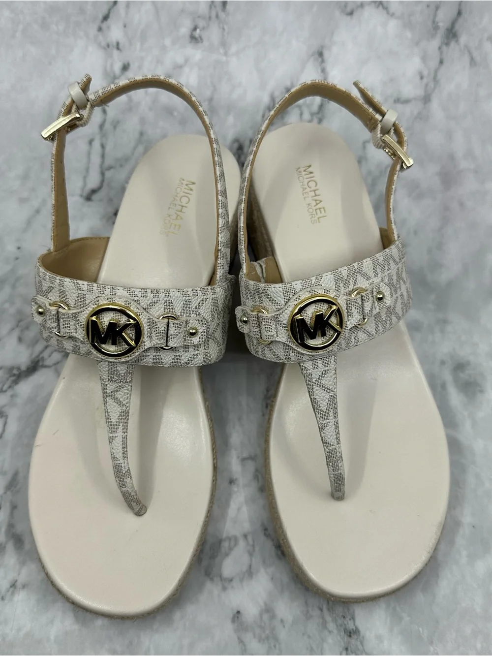 Michael Kors Ivory Logo T-Strap Sandals with Gold MK Medallion